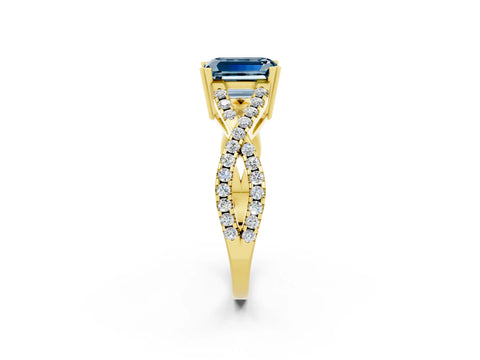Yellow gold Emerald Cut Aquamarine Solitaire Ring with Four-Prong Setting and Twisted Pavé Band_2
