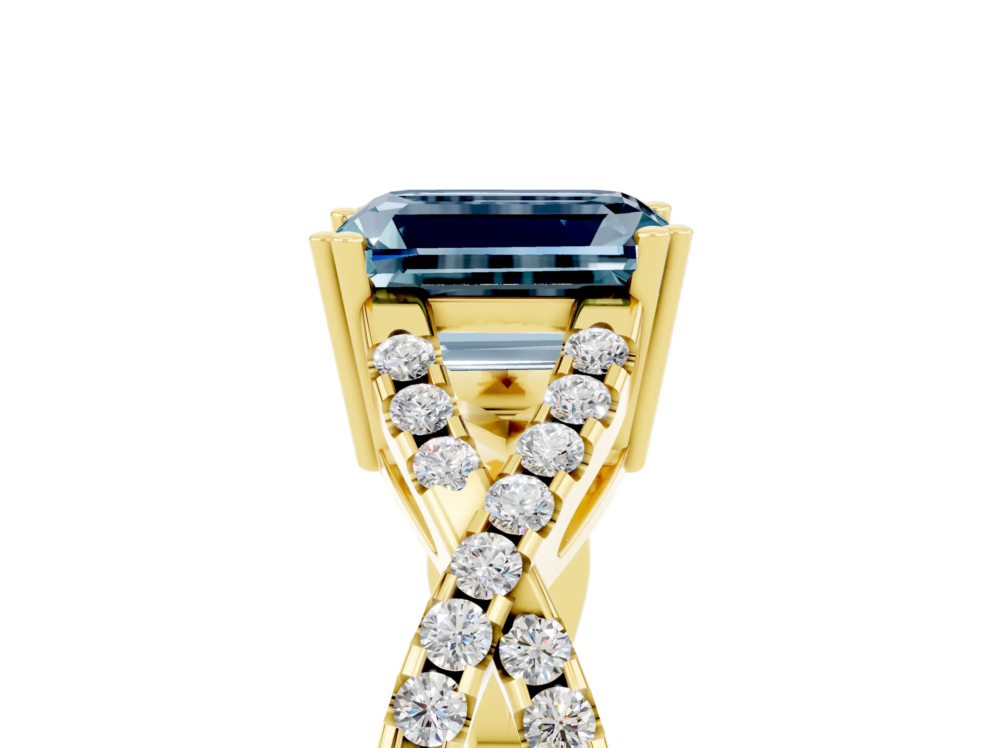 Yellow gold Emerald Cut Aquamarine Solitaire Ring with Four-Prong Setting and Twisted Pavé Band_5