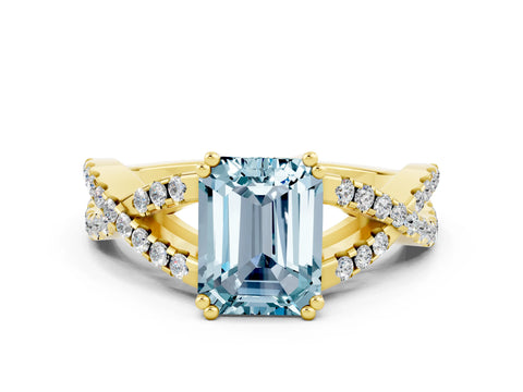 Yellow gold Emerald Cut Aquamarine Solitaire Ring with Four-Prong Setting and Twisted Pavé Band