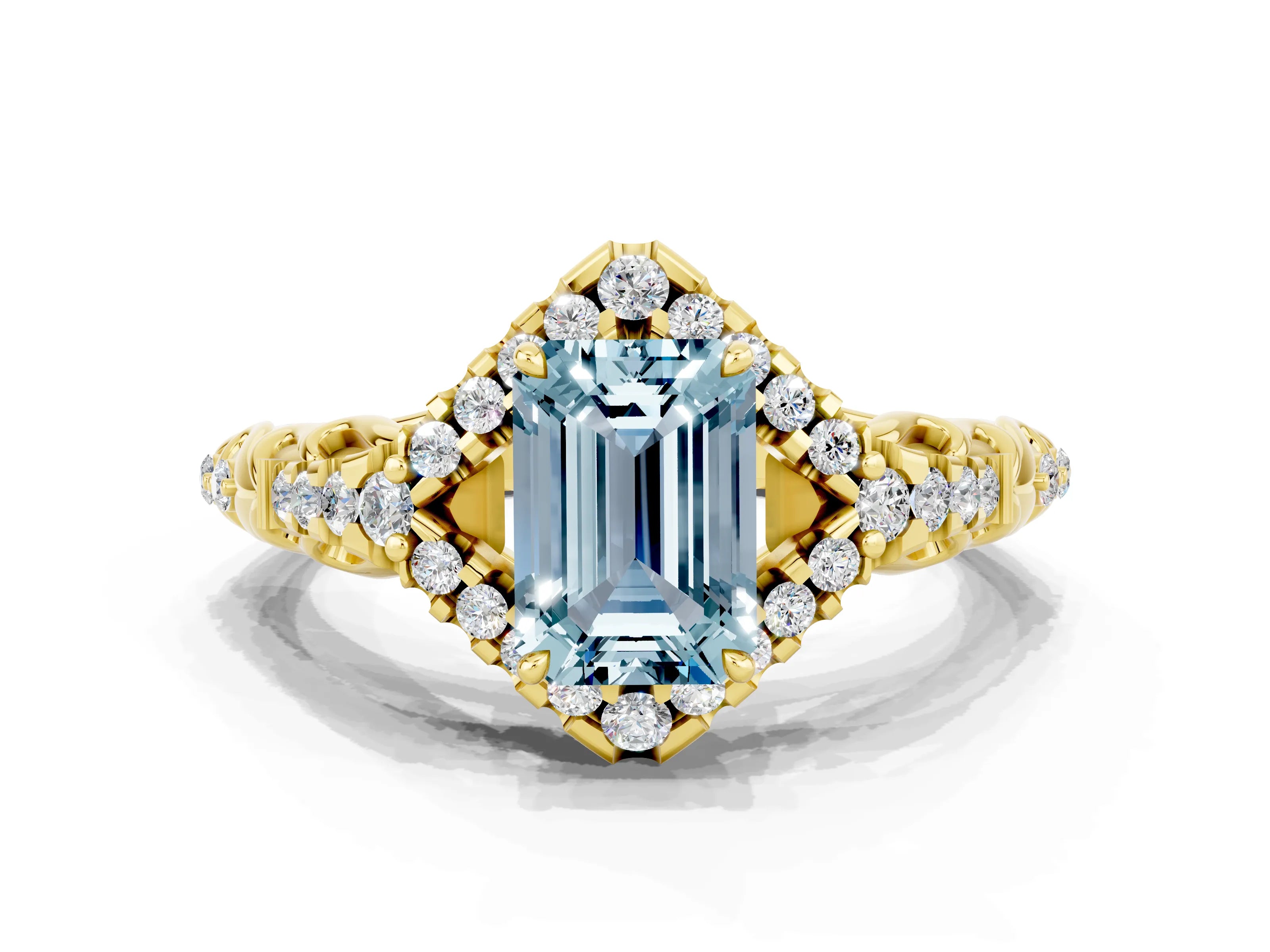 Yellow gold Emerald Cut Aquamarine Solitaire Ring with Hidden Halo and Pavé Band_12