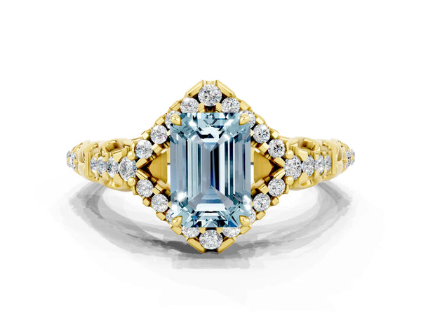 Yellow gold Emerald Cut Aquamarine Solitaire Ring with Hidden Halo and Pavé Band