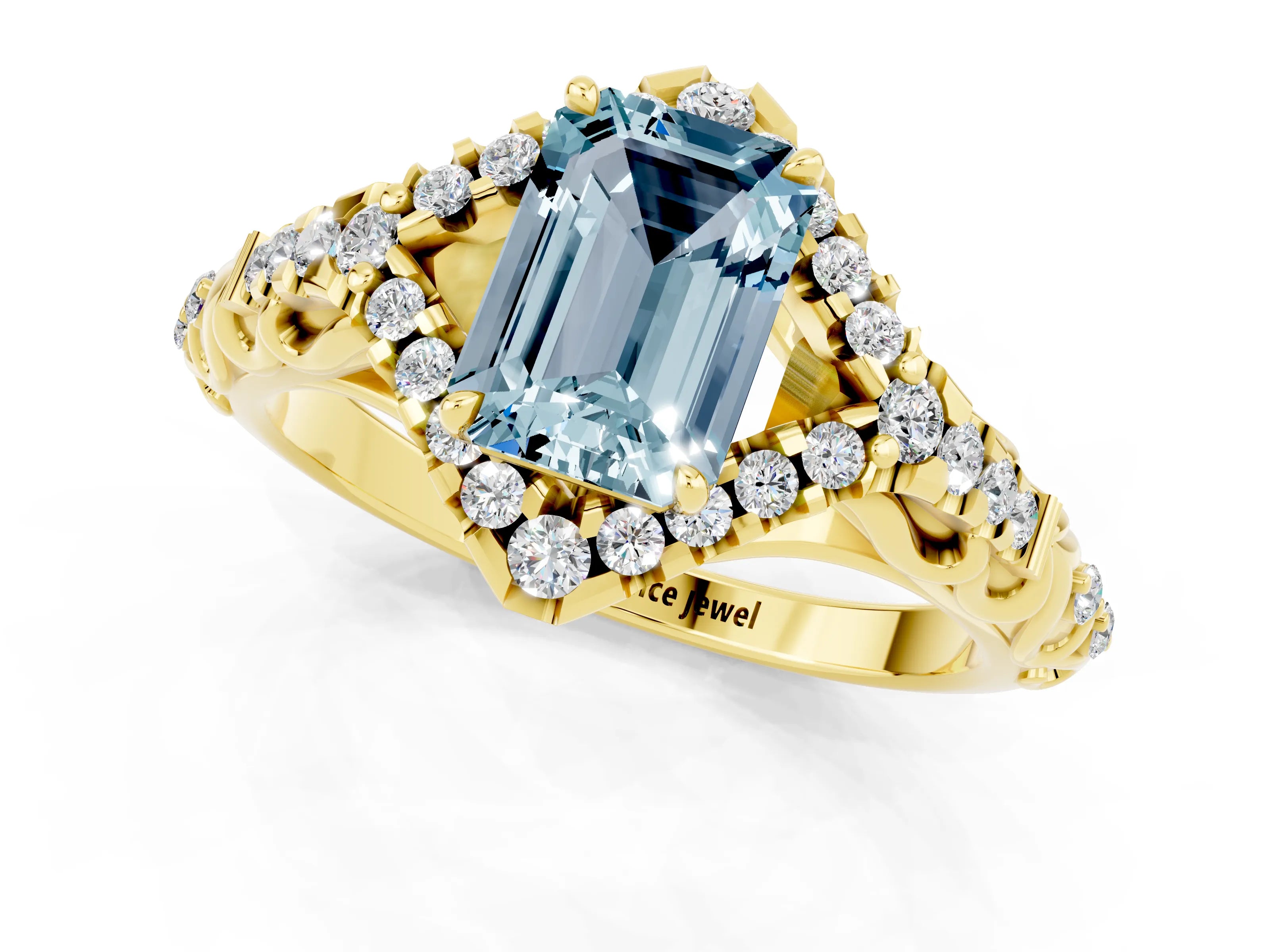 Yellow gold Emerald Cut Aquamarine Solitaire Ring with Hidden Halo and Pavé Band_13