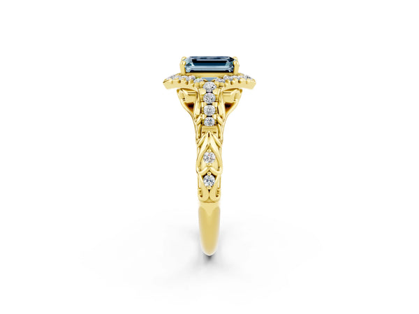Yellow gold Emerald Cut Aquamarine Solitaire Ring with Hidden Halo and Pavé Band