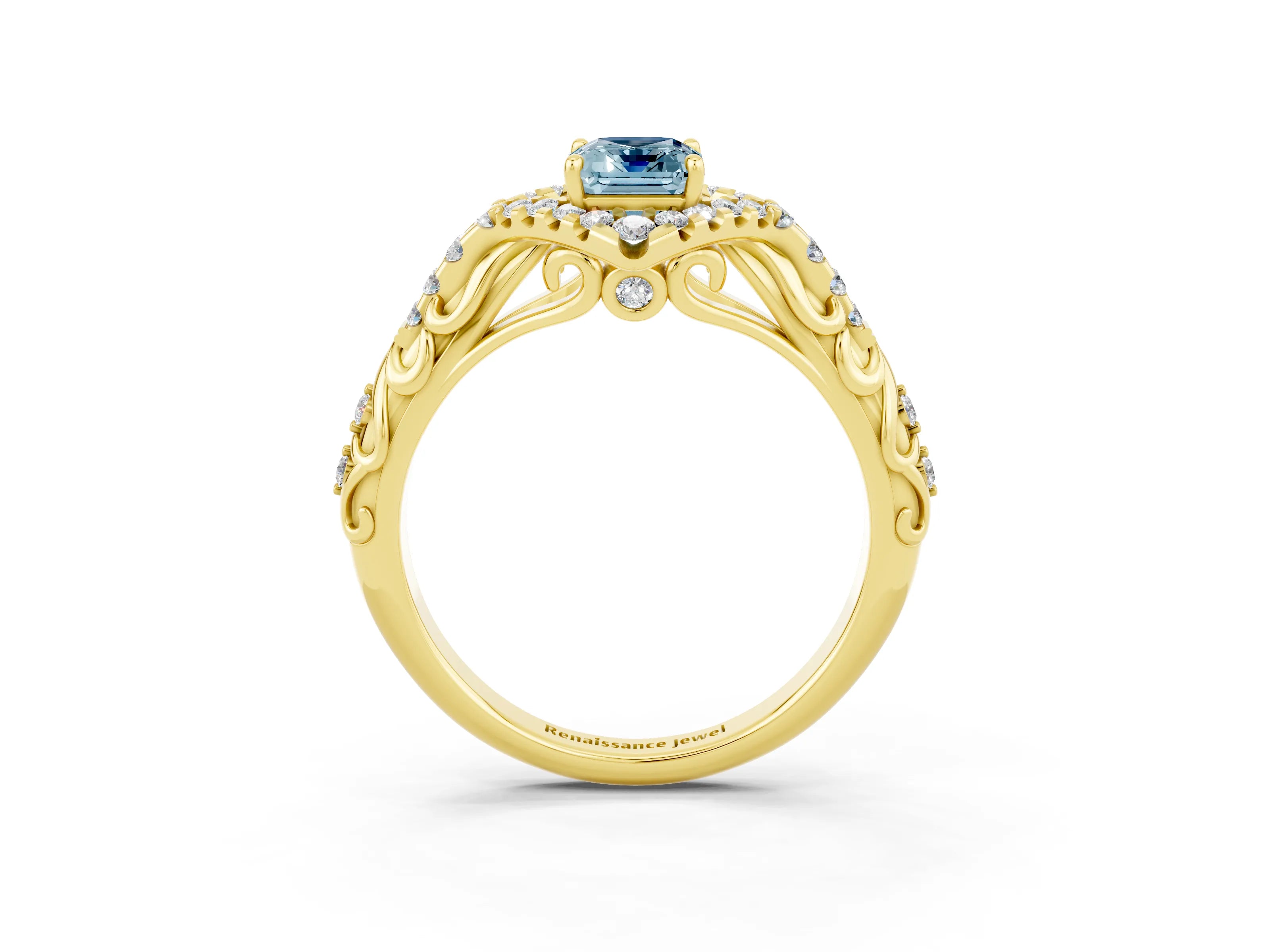 Yellow gold Emerald Cut Aquamarine Solitaire Ring with Hidden Halo and Pavé Band_15