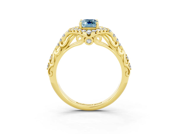 Yellow gold Emerald Cut Aquamarine Solitaire Ring with Hidden Halo and Pavé Band
