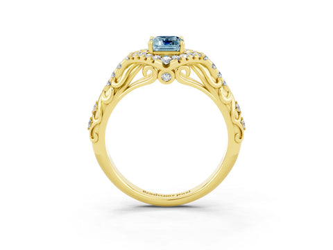 Yellow gold Emerald Cut Aquamarine Solitaire Ring with Hidden Halo and Pavé Band_15