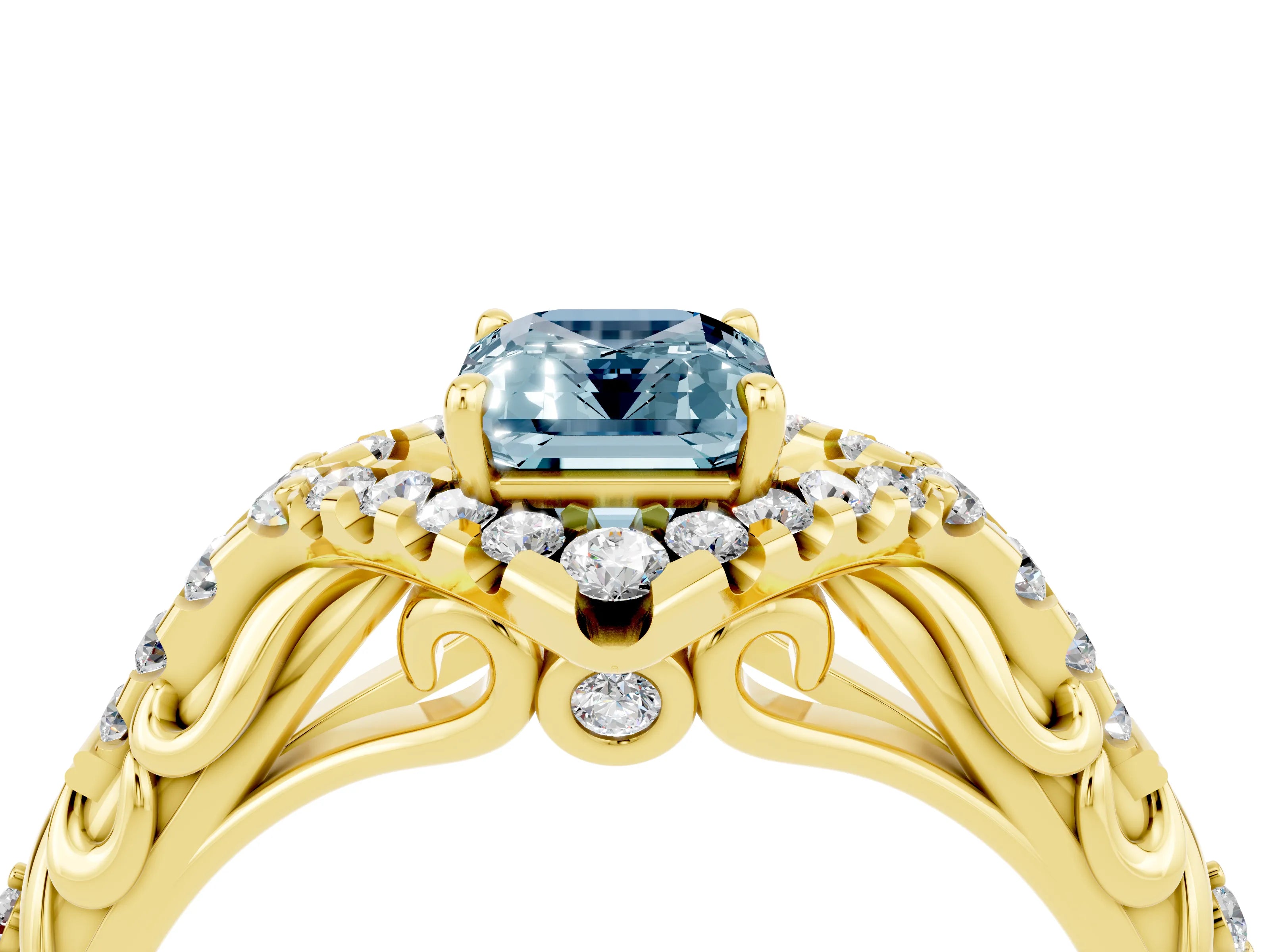 Yellow gold Emerald Cut Aquamarine Solitaire Ring with Hidden Halo and Pavé Band_16