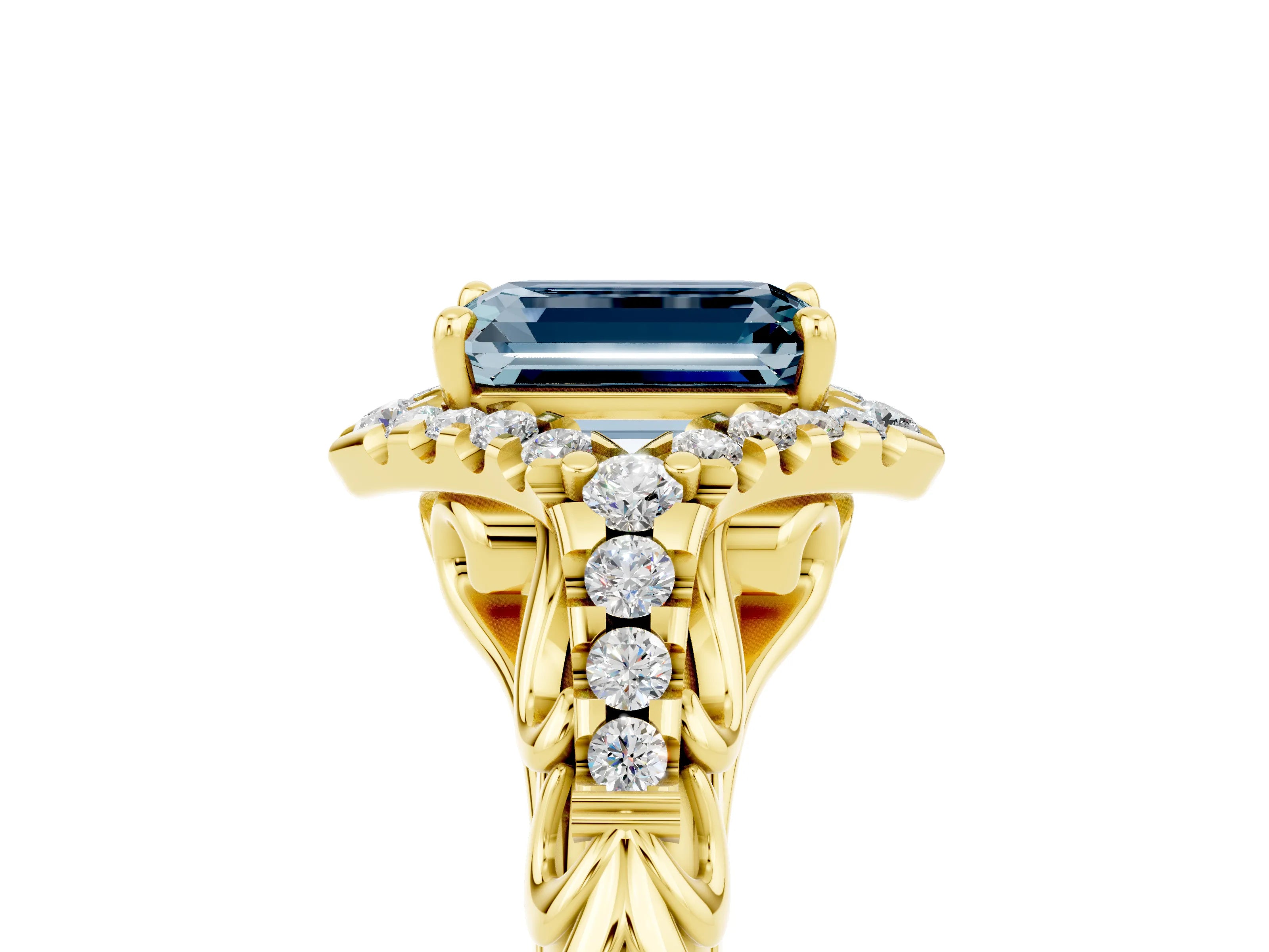 Yellow gold Emerald Cut Aquamarine Solitaire Ring with Hidden Halo and Pavé Band_17