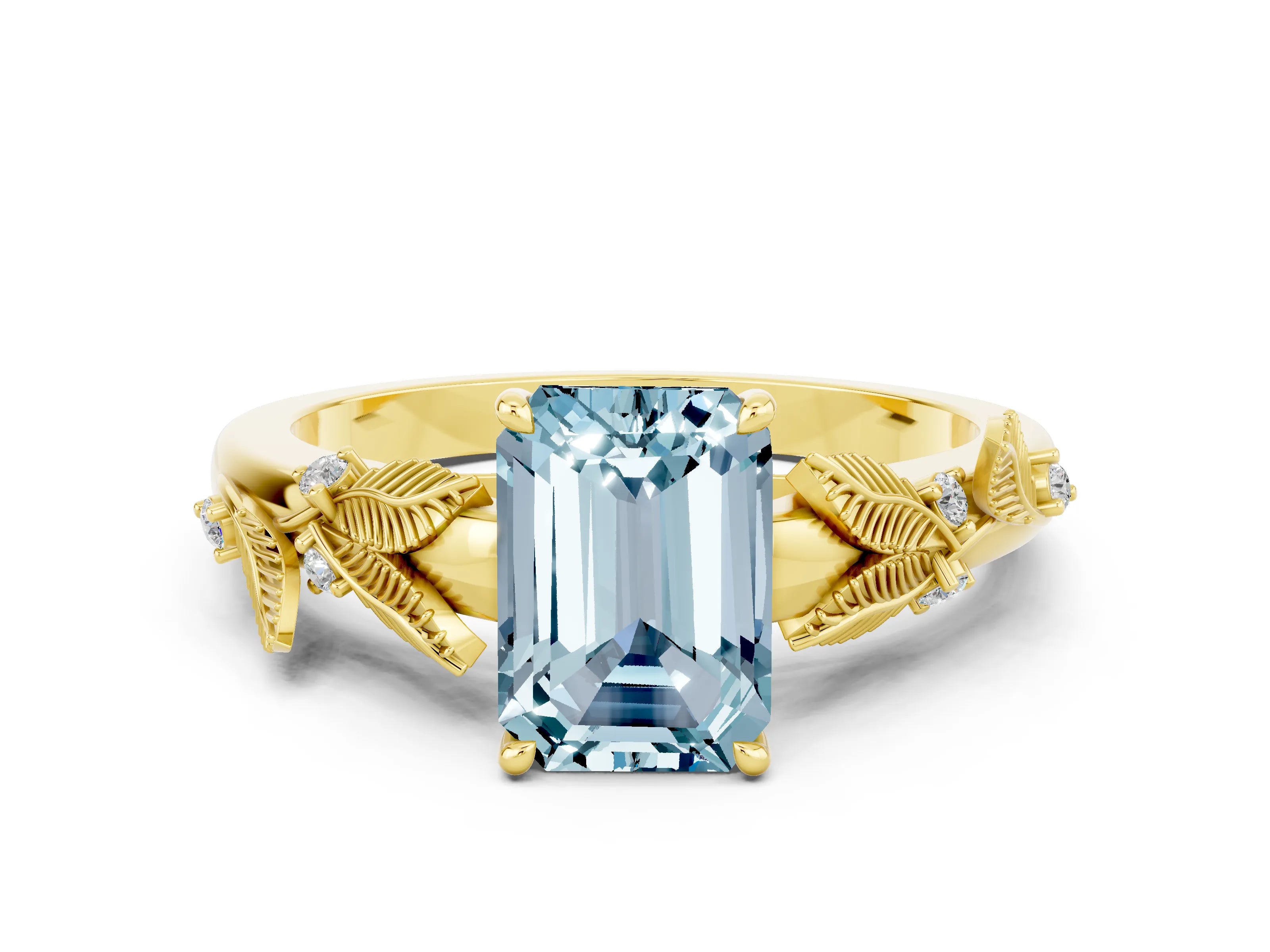 Yellow gold Emerald Cut Aquamarine Solitaire Ring with Leaf Motif Band and Four-Prong Setting