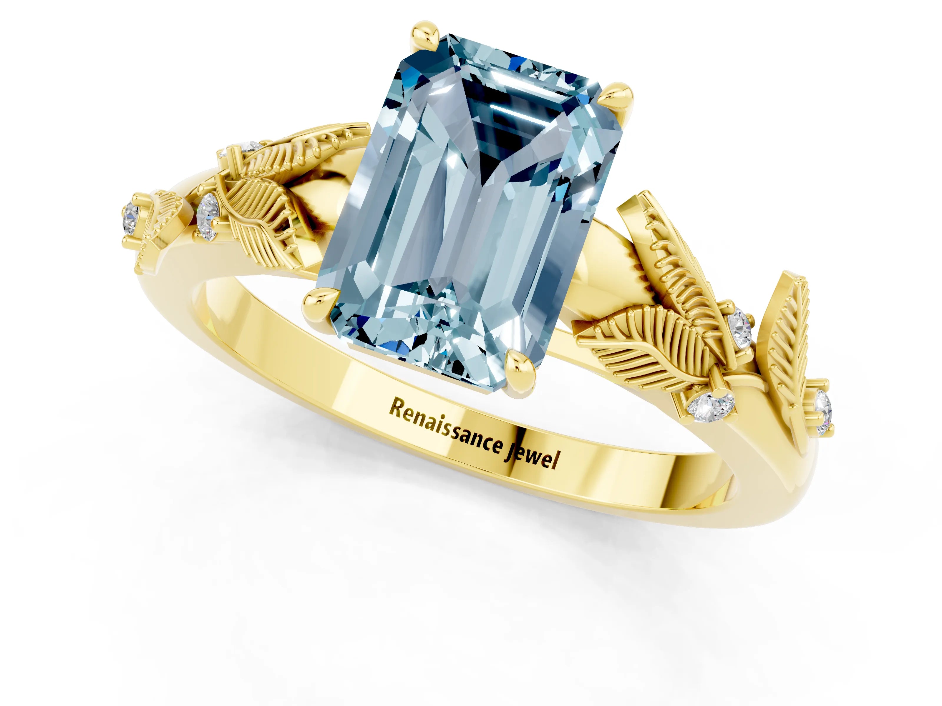 Yellow gold Emerald Cut Aquamarine Solitaire Ring with Leaf Motif Band and Four-Prong Setting_1
