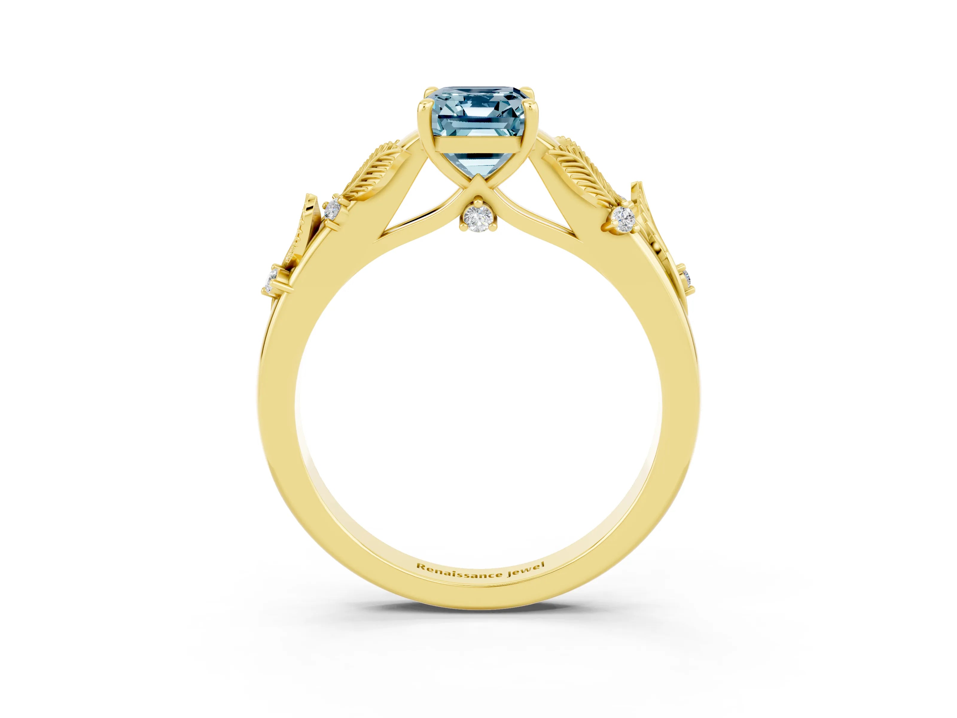 Yellow gold Emerald Cut Aquamarine Solitaire Ring with Leaf Motif Band and Four-Prong Setting_3