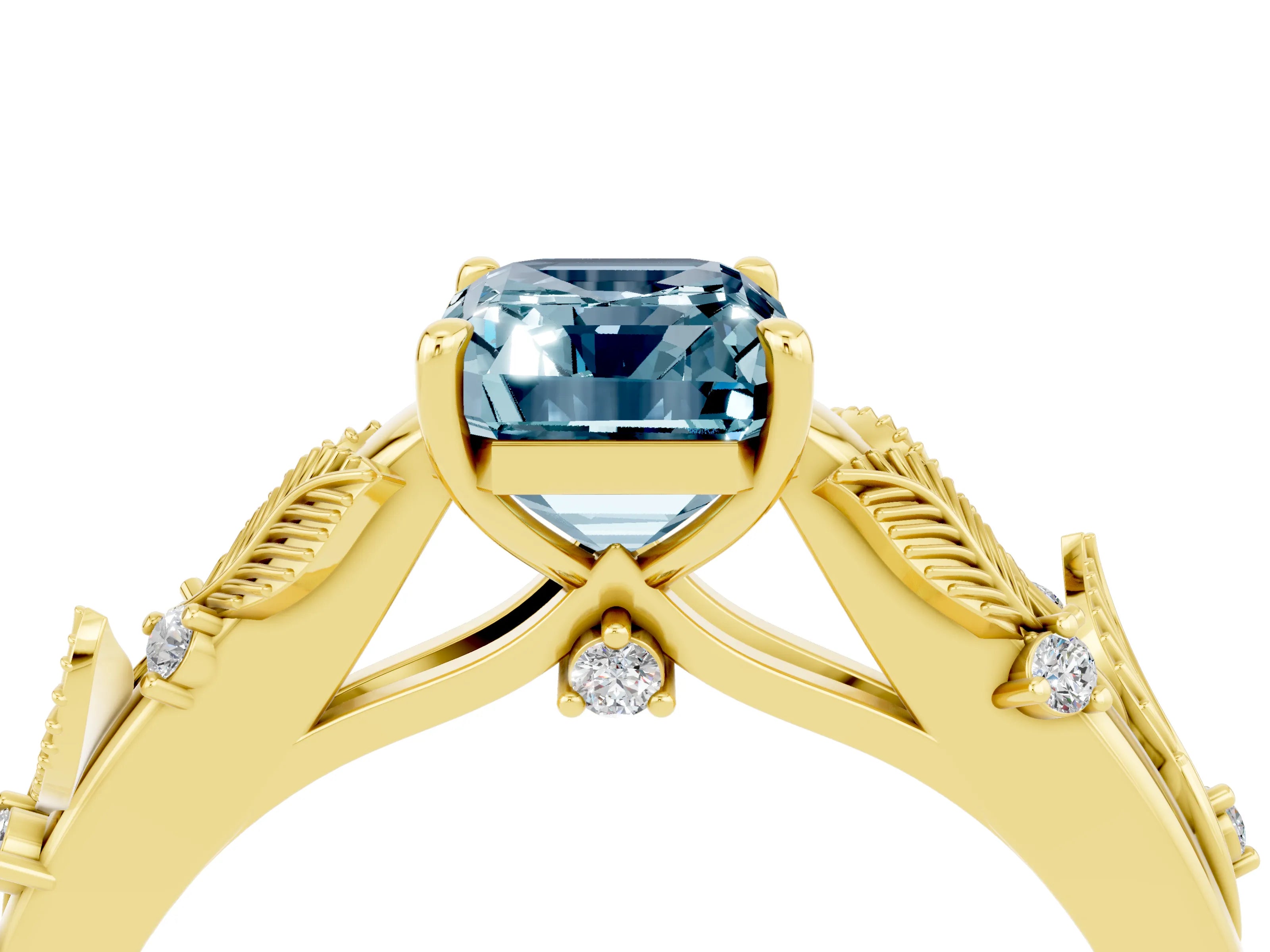 Yellow gold Emerald Cut Aquamarine Solitaire Ring with Leaf Motif Band and Four-Prong Setting_4