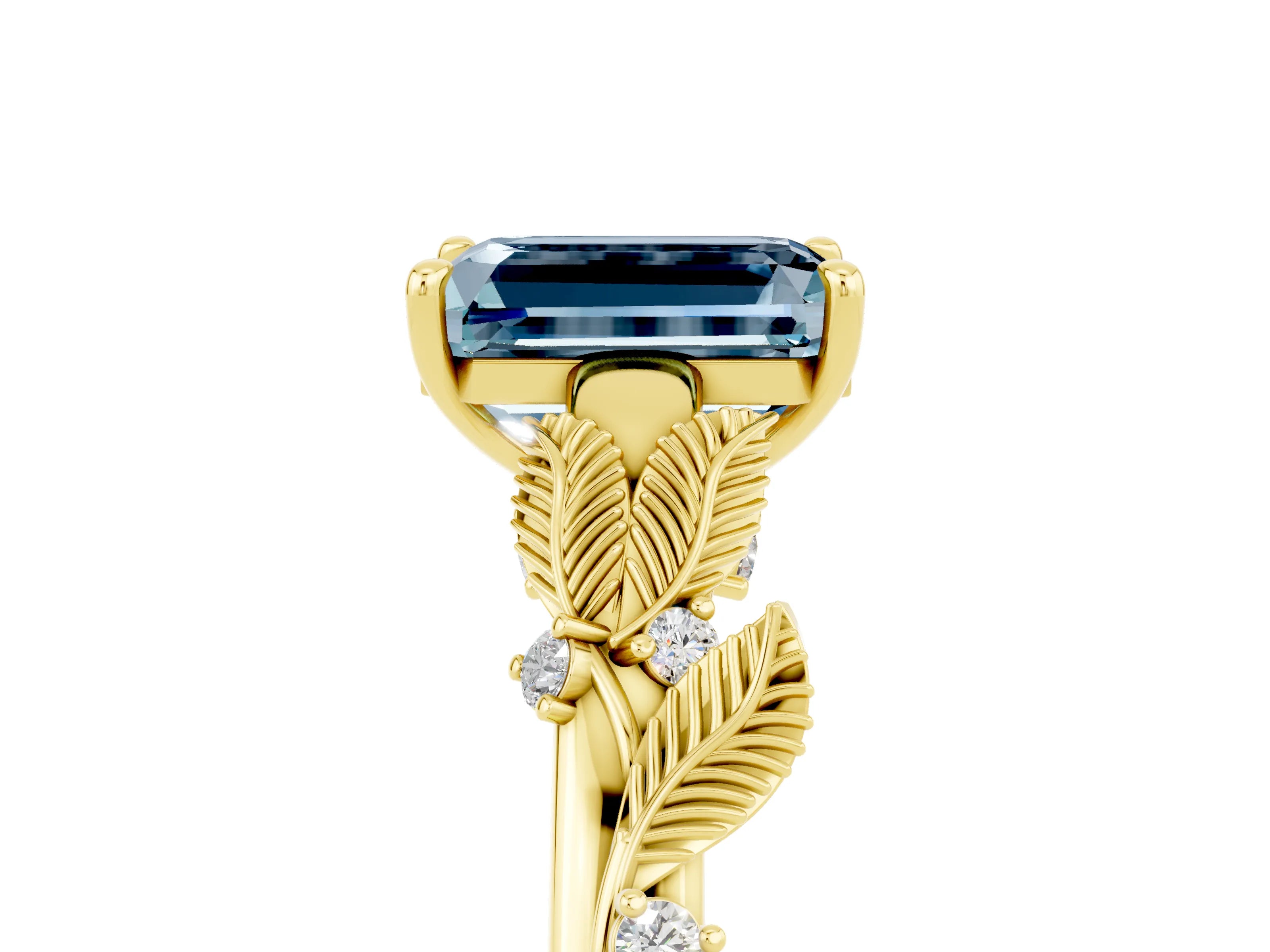 Yellow gold Emerald Cut Aquamarine Solitaire Ring with Leaf Motif Band and Four-Prong Setting_5