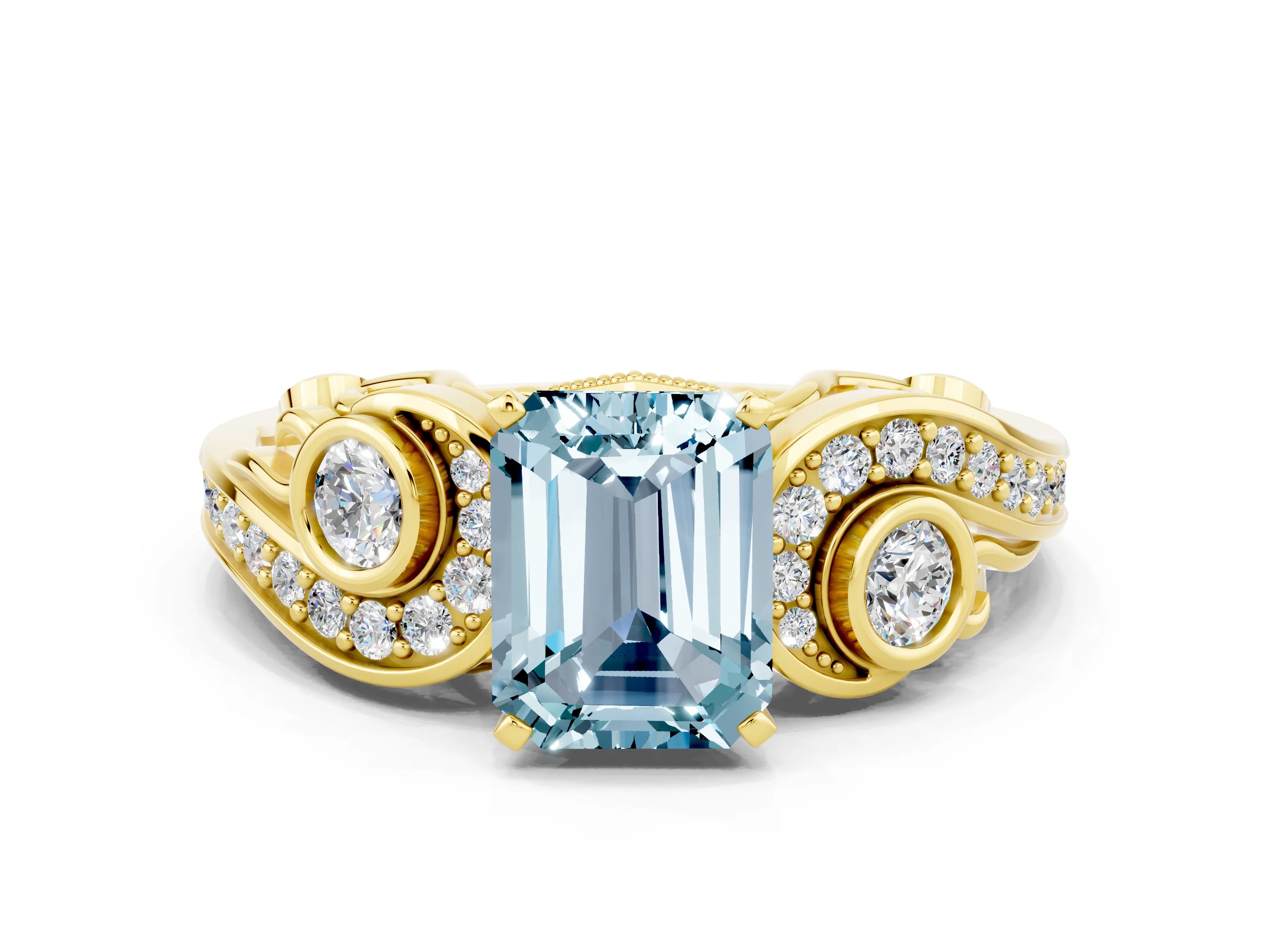 Yellow gold Emerald Cut Aquamarine Solitaire Ring with Milgrain Pavé Band and Four-Prong Setting_35