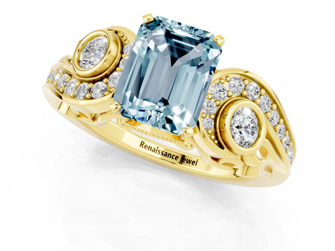 Yellow gold Emerald Cut Aquamarine Solitaire Ring with Milgrain Pavé Band and Four-Prong Setting_36