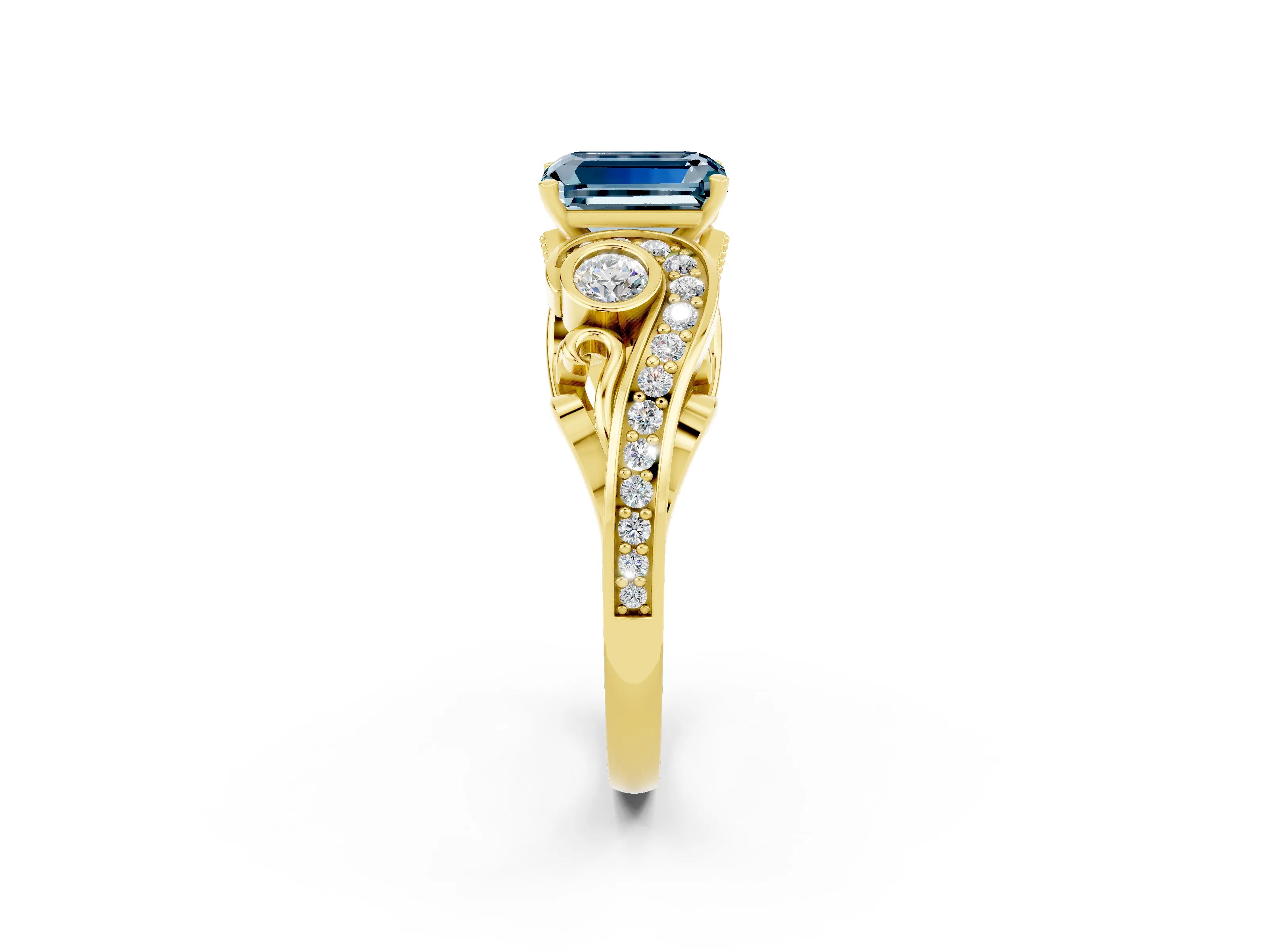 Yellow gold Emerald Cut Aquamarine Solitaire Ring with Milgrain Pavé Band and Four-Prong Setting_37