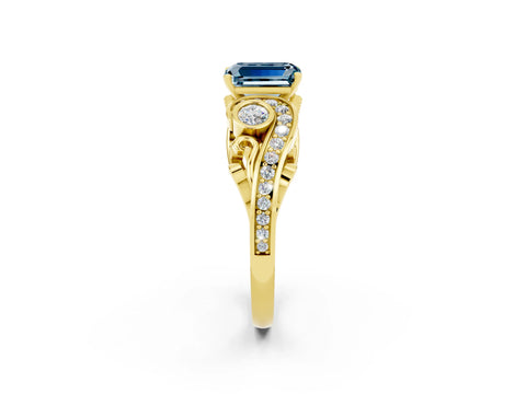 Yellow gold Emerald Cut Aquamarine Solitaire Ring with Milgrain Pavé Band and Four-Prong Setting_37