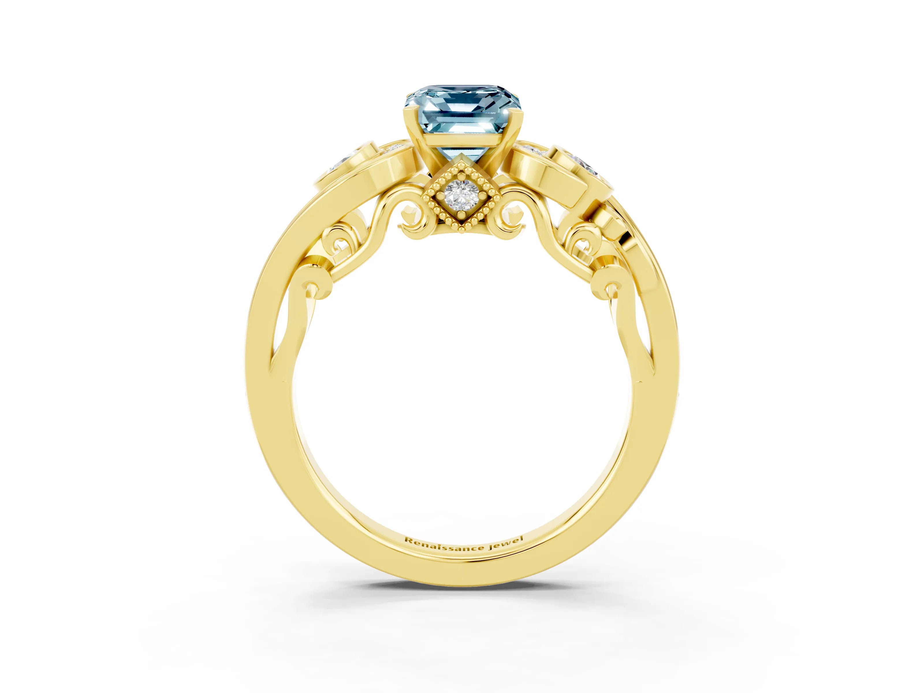 Yellow gold Emerald Cut Aquamarine Solitaire Ring with Milgrain Pavé Band and Four-Prong Setting_38