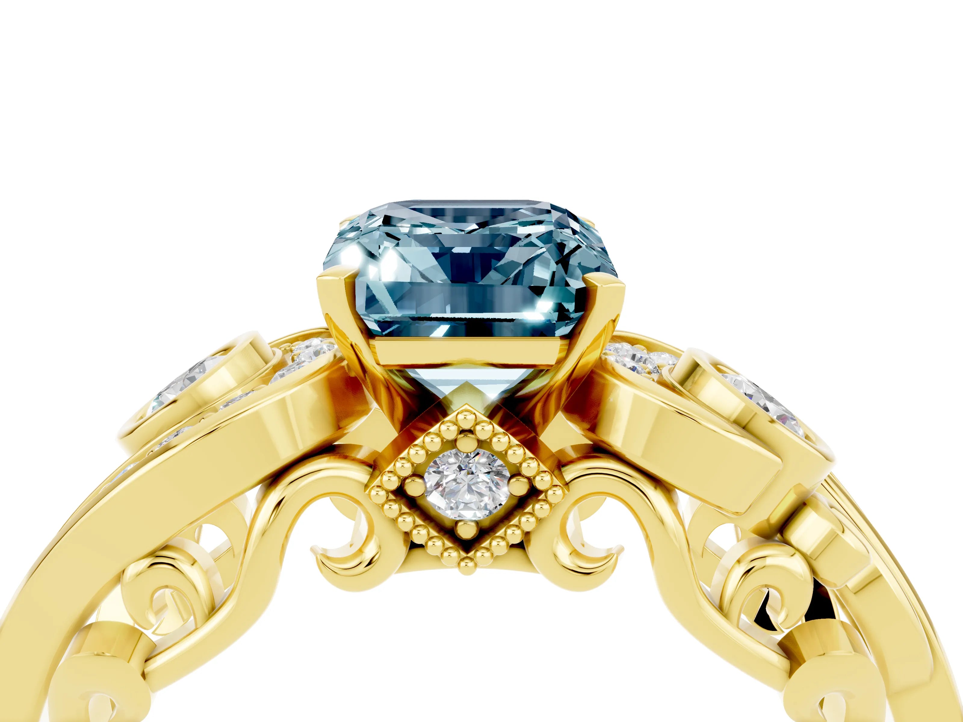 Yellow gold Emerald Cut Aquamarine Solitaire Ring with Milgrain Pavé Band and Four-Prong Setting_39