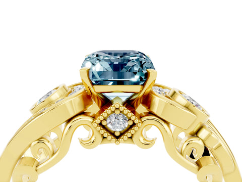 Yellow gold Emerald Cut Aquamarine Solitaire Ring with Milgrain Pavé Band and Four-Prong Setting_39