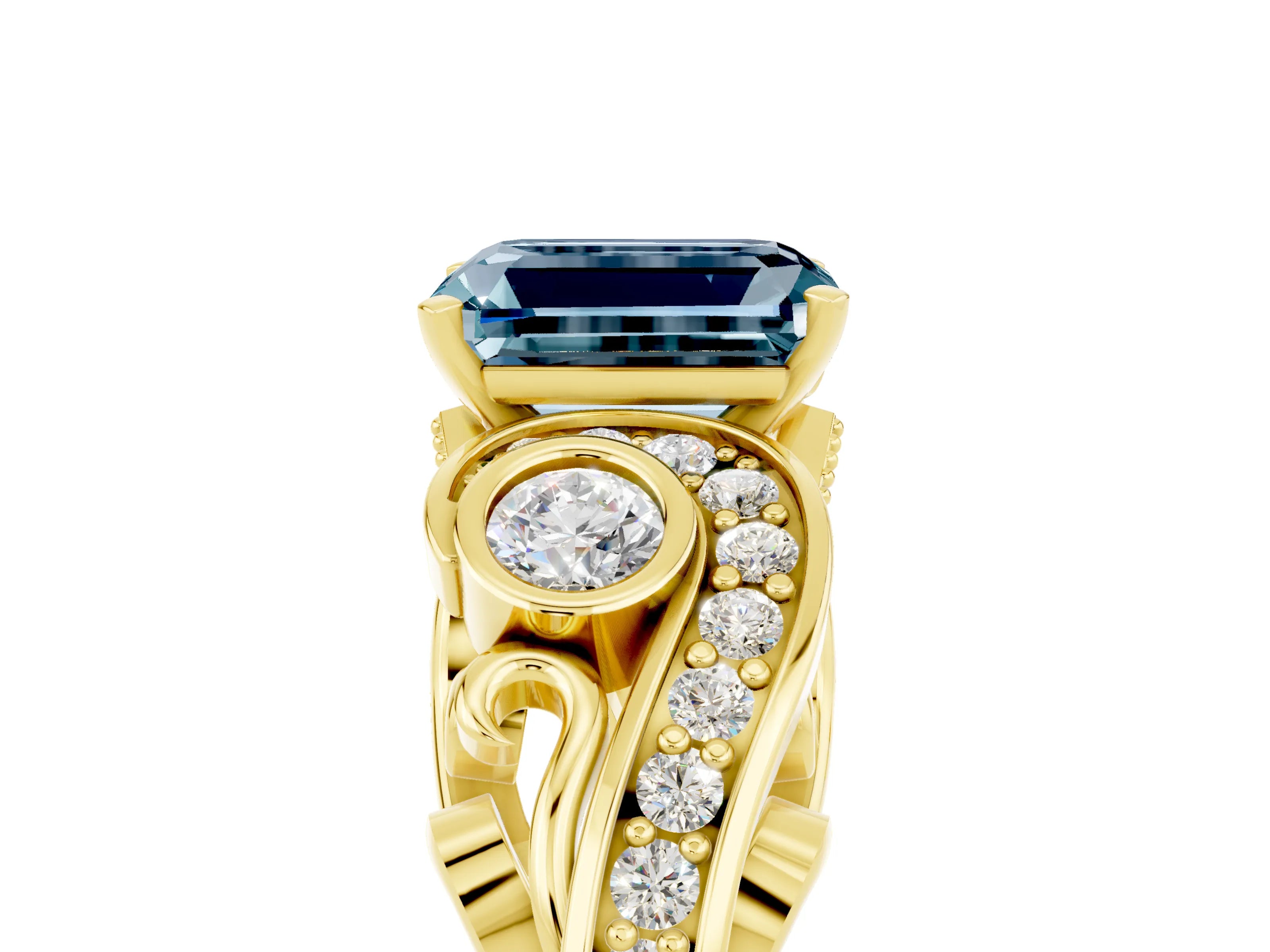 Yellow gold Emerald Cut Aquamarine Solitaire Ring with Milgrain Pavé Band and Four-Prong Setting_40