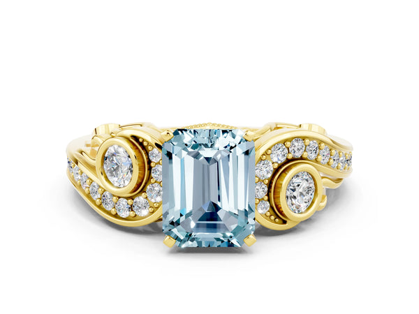 Yellow gold Emerald Cut Aquamarine Solitaire Ring with Milgrain Pavé Band and Four-Prong Setting