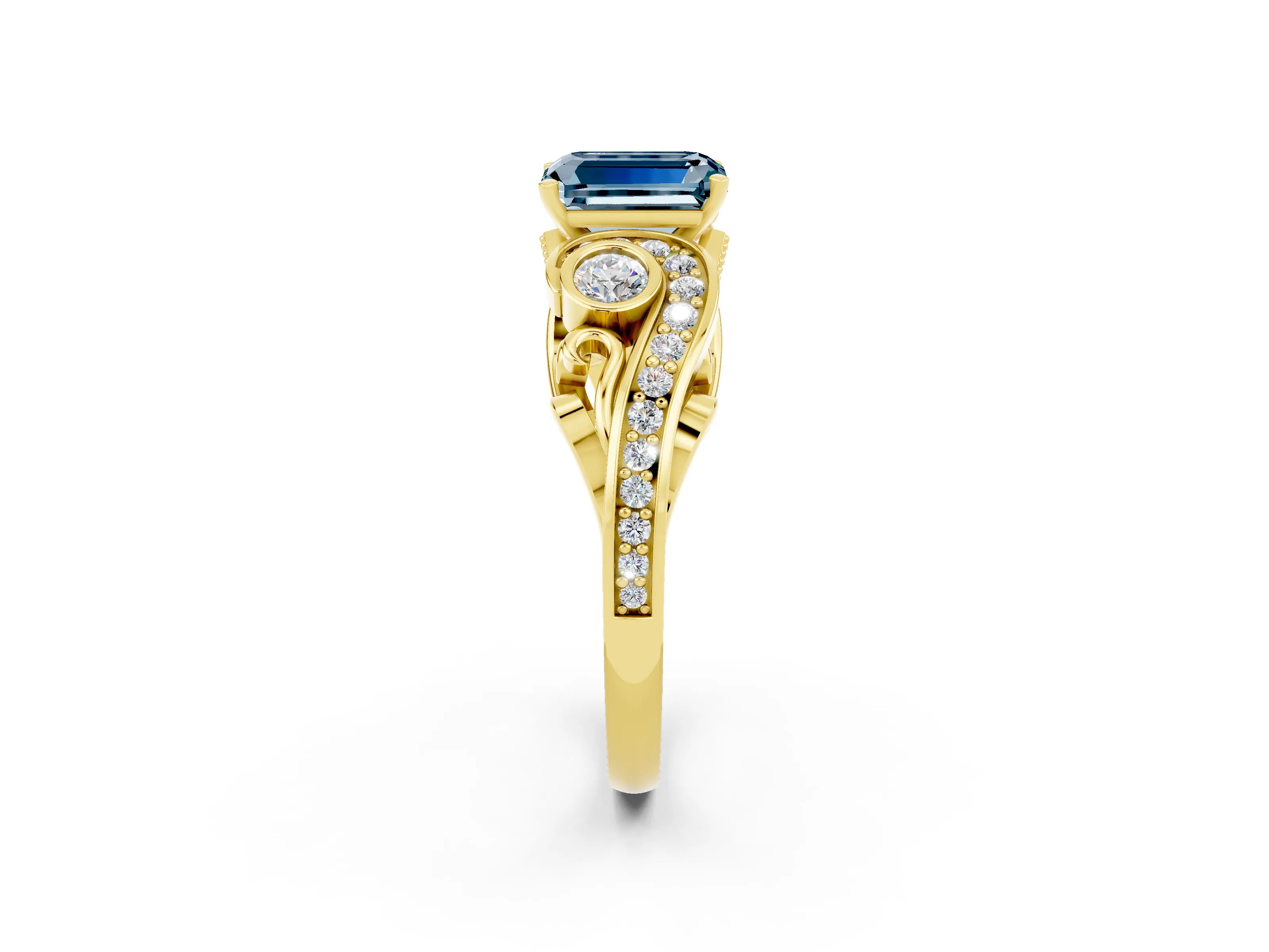 Yellow gold Emerald Cut Aquamarine Solitaire Ring with Milgrain Pavé Band and Four-Prong Setting_49