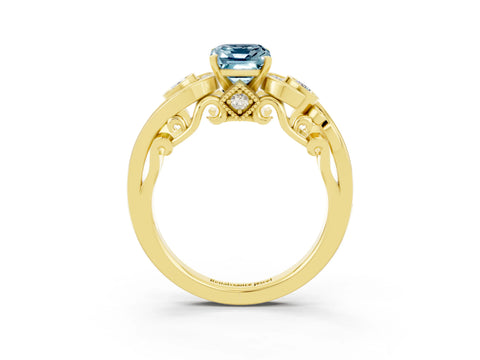 Yellow gold Emerald Cut Aquamarine Solitaire Ring with Milgrain Pavé Band and Four-Prong Setting_50