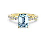 Yellow gold Emerald Cut Aquamarine Solitaire Ring with Pavé Accents and Four-Prong Setting