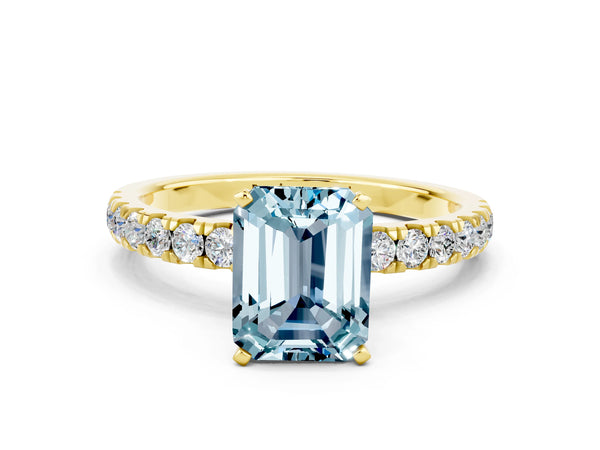 Yellow gold Emerald Cut Aquamarine Solitaire Ring with Pavé Accents and Four-Prong Setting