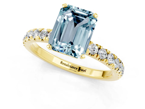Yellow gold Emerald Cut Aquamarine Solitaire Ring with Pavé Accents and Four-Prong Setting_1