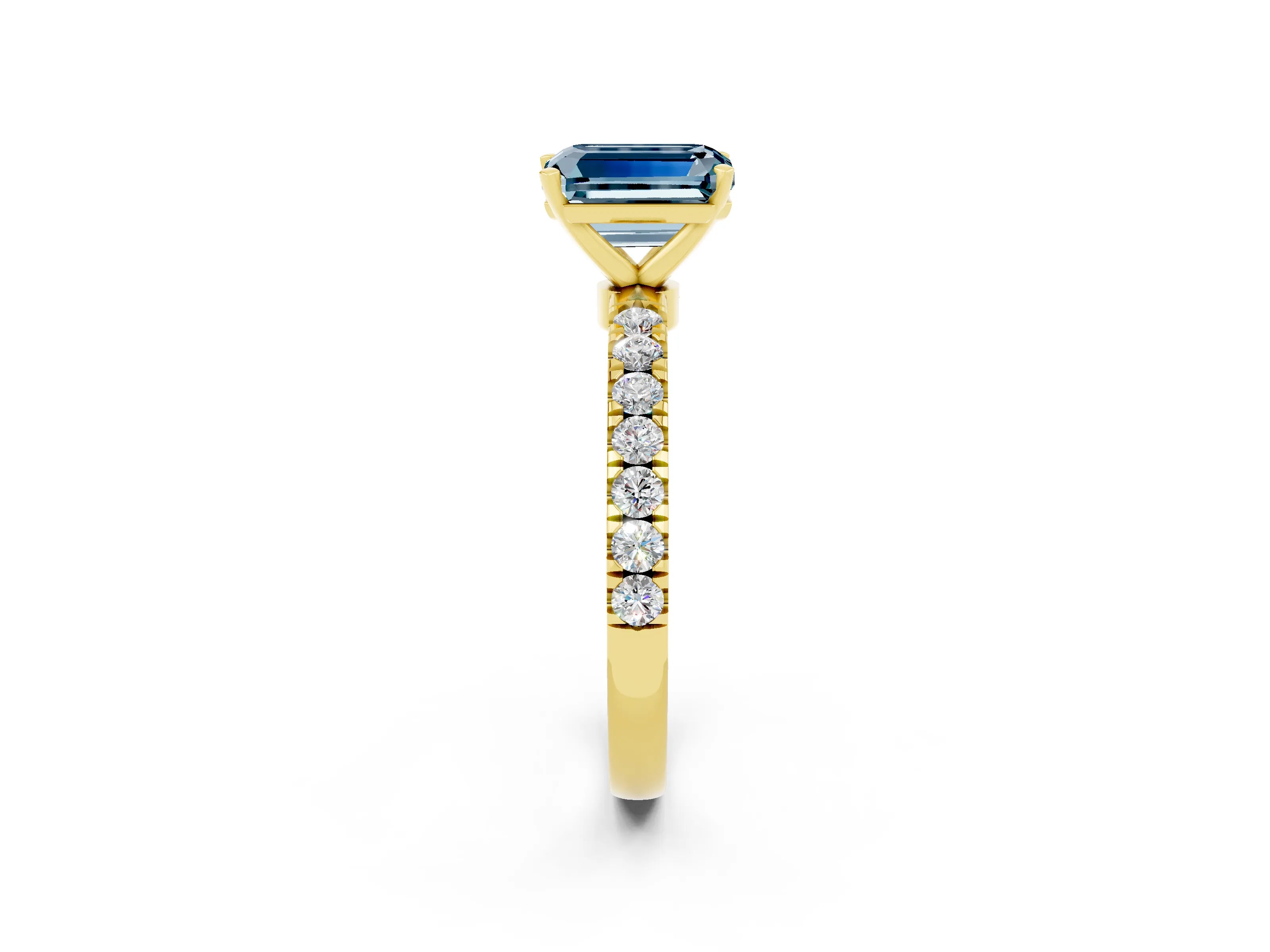Yellow gold Emerald Cut Aquamarine Solitaire Ring with Pavé Accents and Four-Prong Setting_2