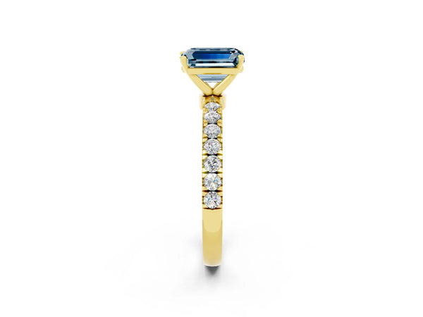 Yellow gold Emerald Cut Aquamarine Solitaire Ring with Pavé Accents and Four-Prong Setting
