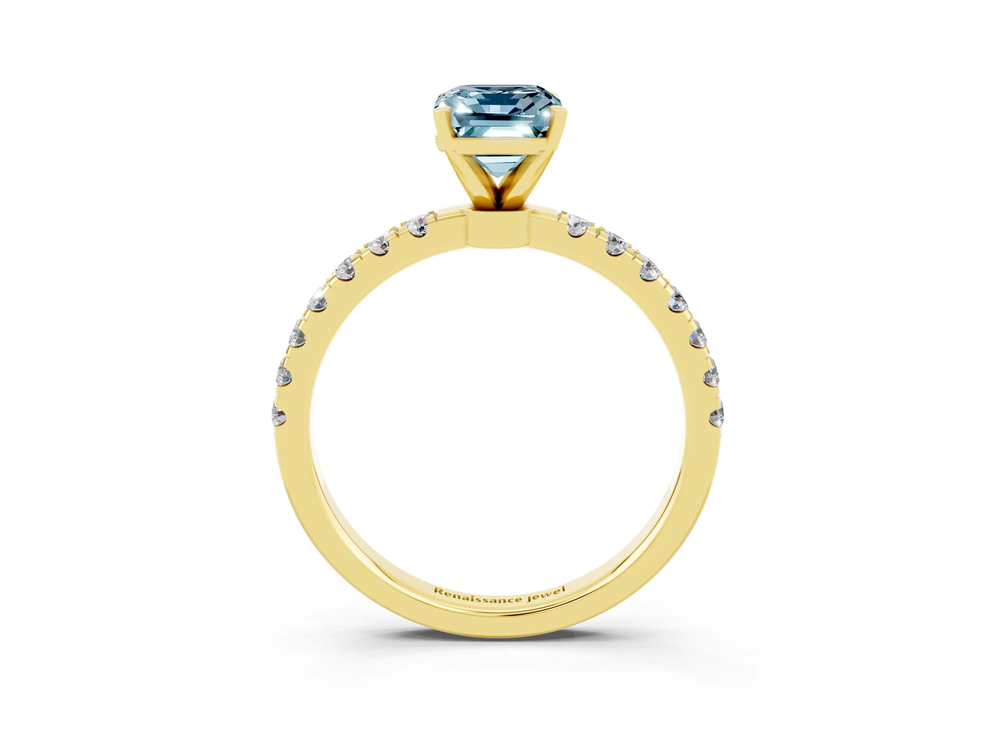 Yellow gold Emerald Cut Aquamarine Solitaire Ring with Pavé Accents and Four-Prong Setting_3