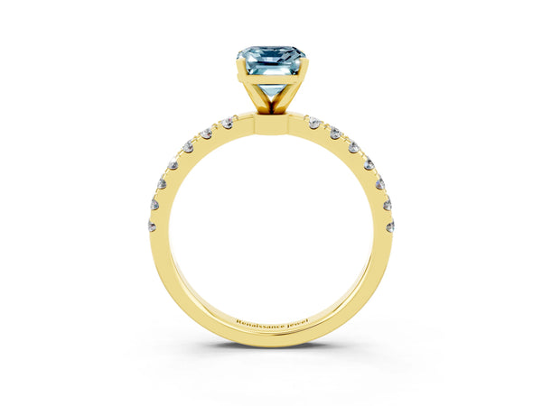 Yellow gold Emerald Cut Aquamarine Solitaire Ring with Pavé Accents and Four-Prong Setting