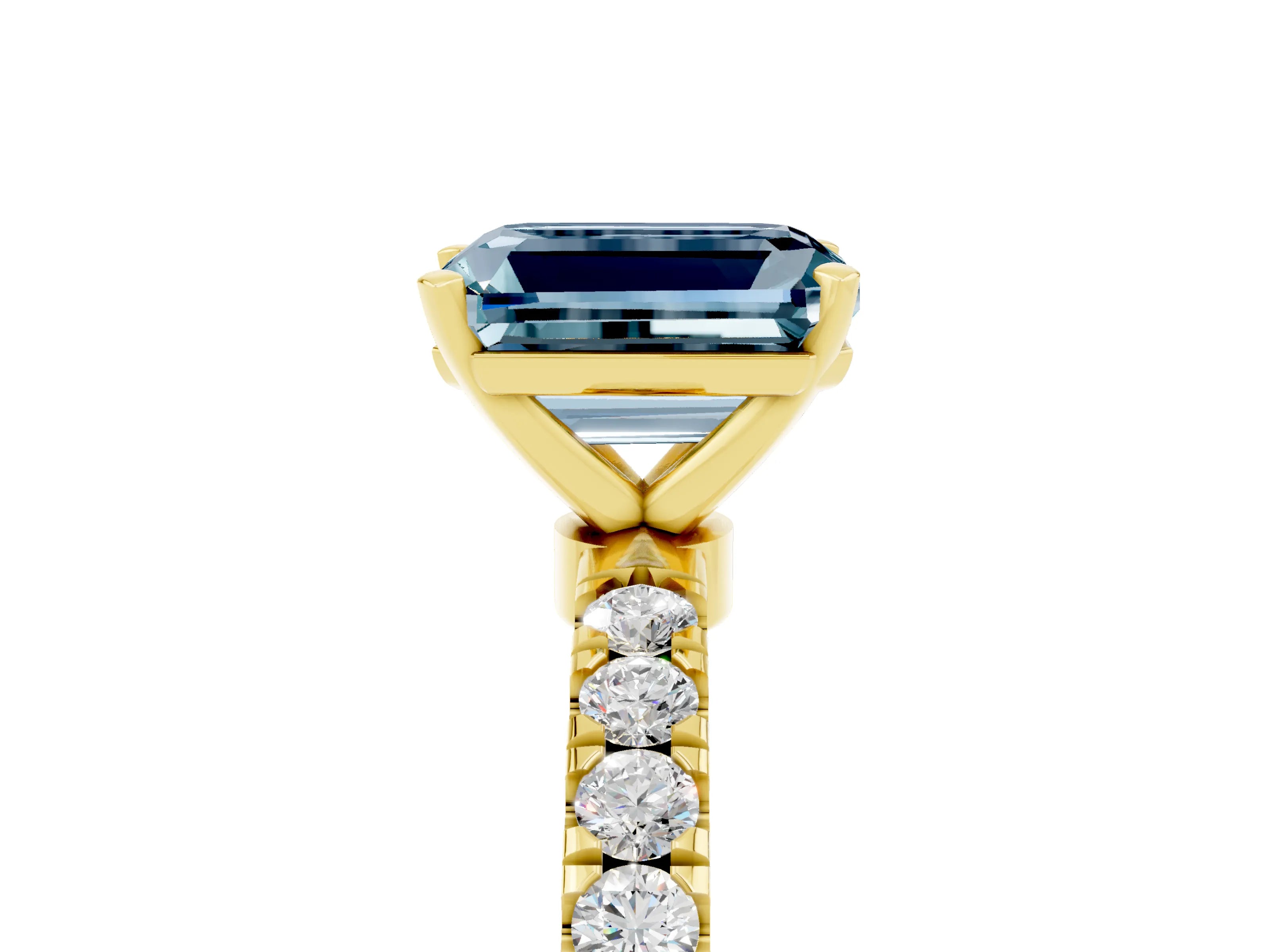 Yellow gold Emerald Cut Aquamarine Solitaire Ring with Pavé Accents and Four-Prong Setting_5