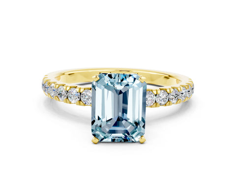 Yellow gold Emerald Cut Aquamarine Solitaire Ring with Pavé Accents and Four-Prong Setting
