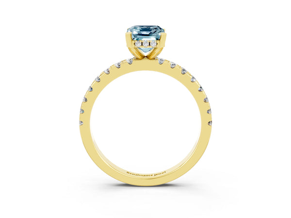 Yellow gold Emerald Cut Aquamarine Solitaire Ring with Round  Pavé Band and Four-Prong Setting