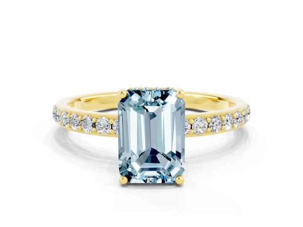 Yellow gold Emerald Cut Aquamarine Solitaire Ring with Pavé Band and Hidden Halo