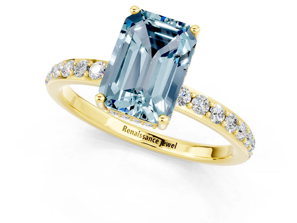 Yellow gold Emerald Cut Aquamarine Solitaire Ring with Pavé Band and Hidden Halo