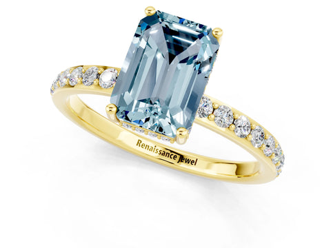 Yellow gold Emerald Cut Aquamarine Solitaire Ring with Pavé Band and Hidden Halo_13
