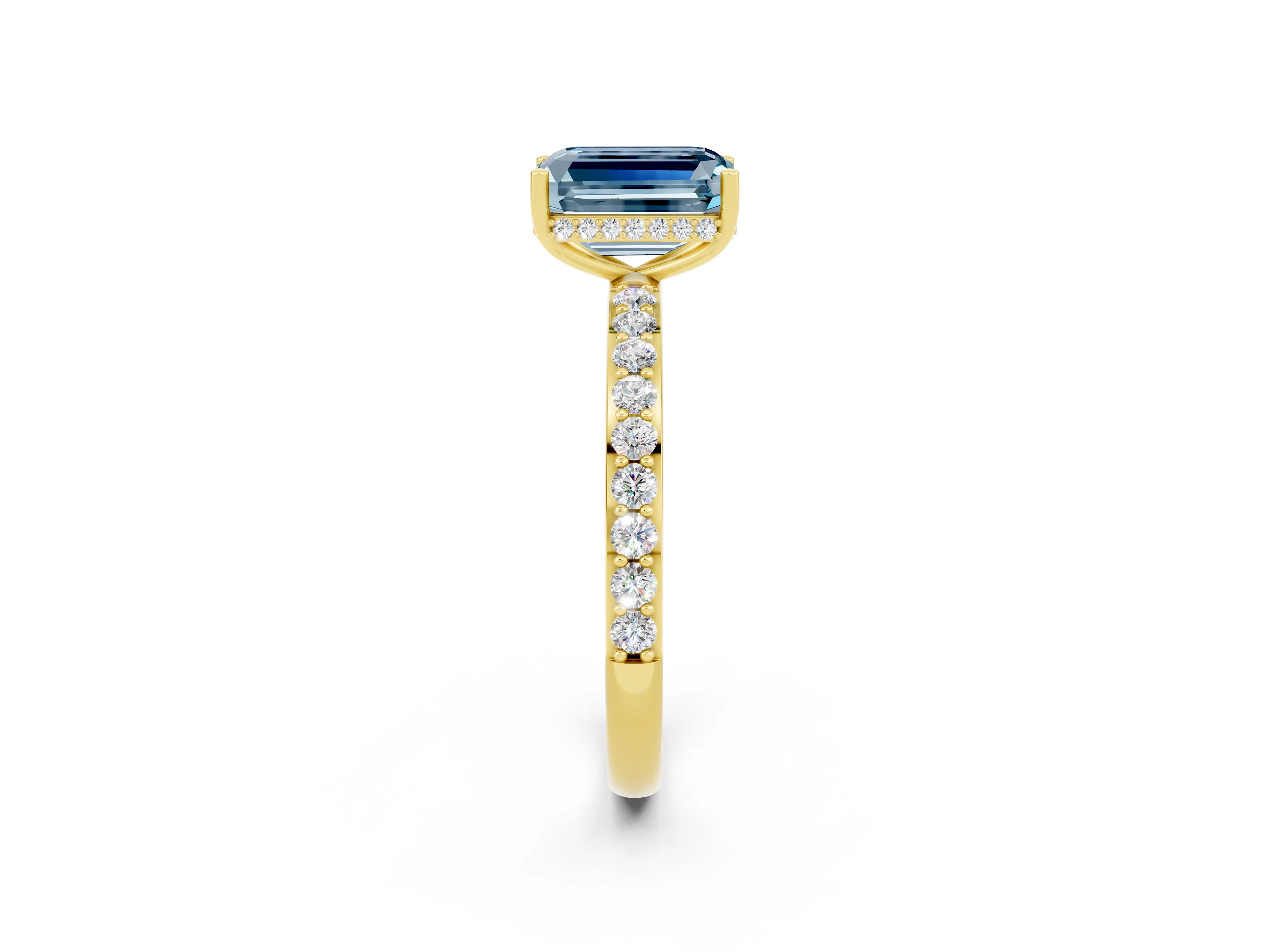 Yellow gold Emerald Cut Aquamarine Solitaire Ring with Pavé Band and Hidden Halo_14