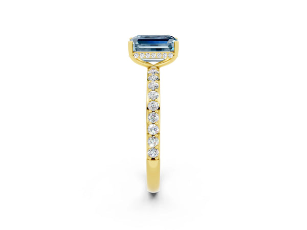 Yellow gold Emerald Cut Aquamarine Solitaire Ring with Pavé Band and Hidden Halo