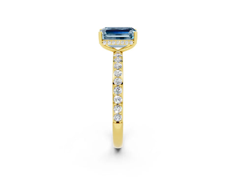 Yellow gold Emerald Cut Aquamarine Solitaire Ring with Pavé Band and Hidden Halo_14