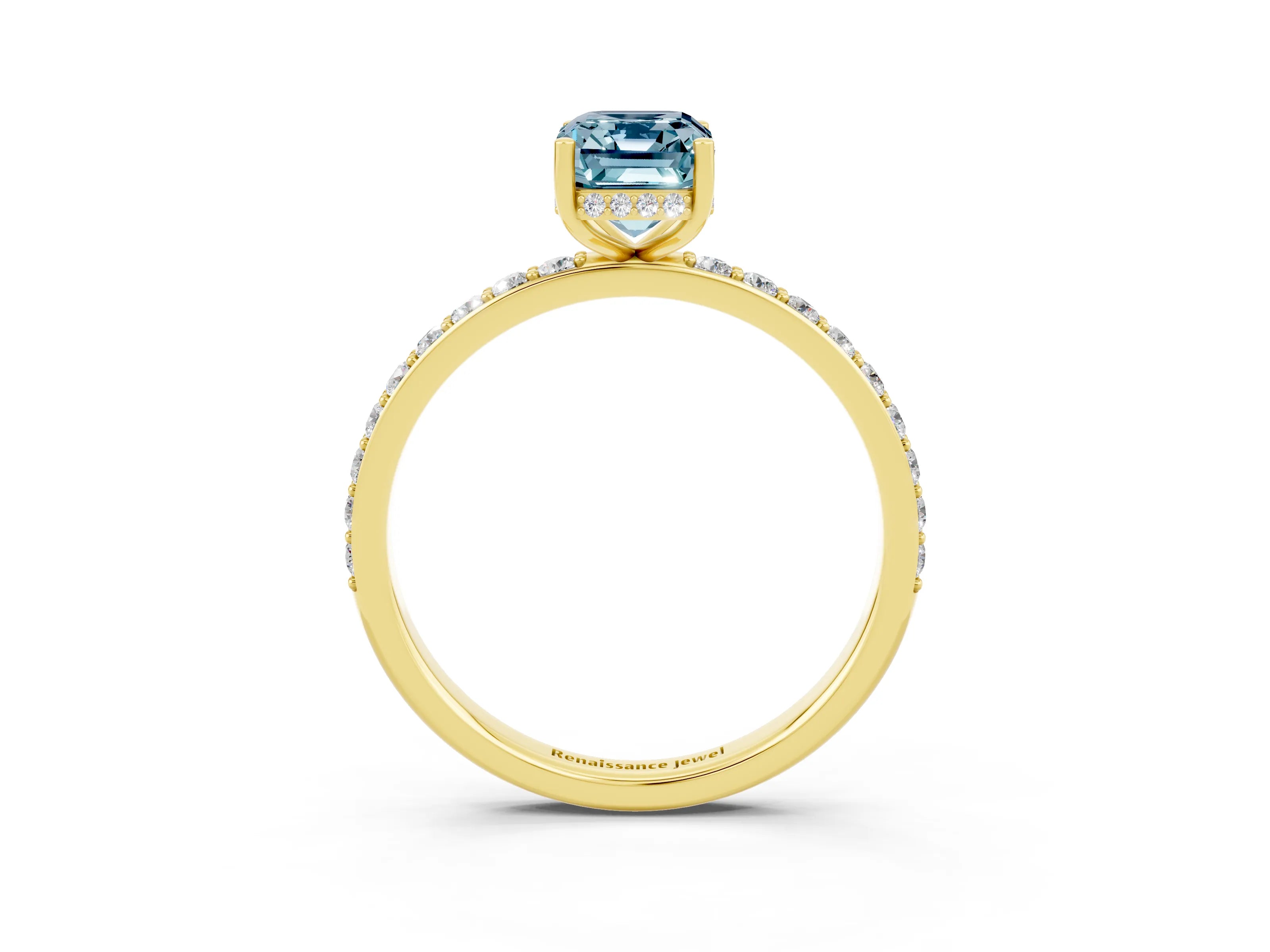 Yellow gold Emerald Cut Aquamarine Solitaire Ring with Pavé Band and Hidden Halo_15