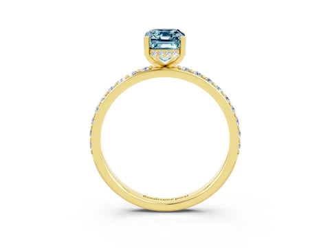 Yellow gold Emerald Cut Aquamarine Solitaire Ring with Pavé Band and Hidden Halo_15