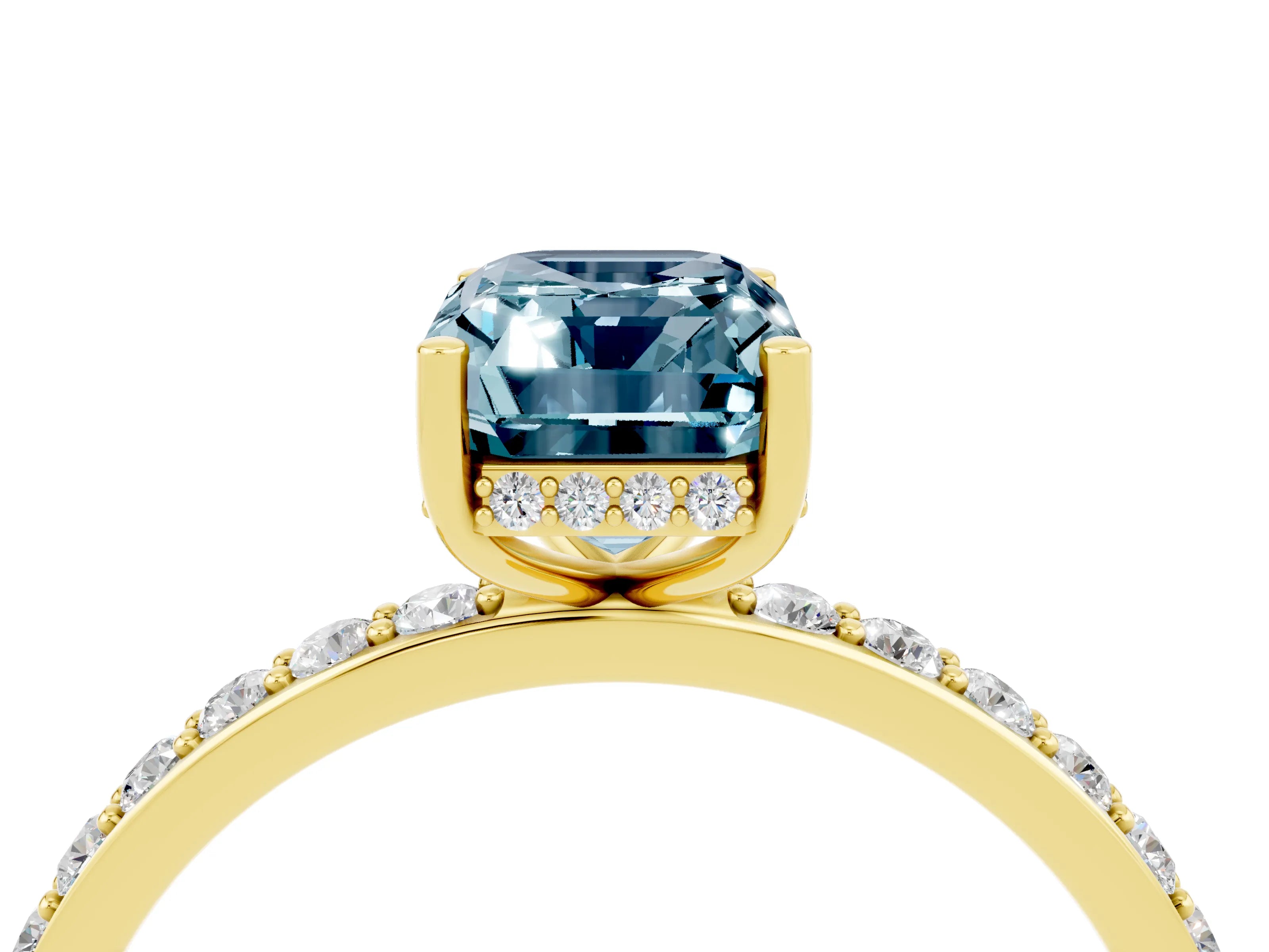 Yellow gold Emerald Cut Aquamarine Solitaire Ring with Pavé Band and Hidden Halo_16
