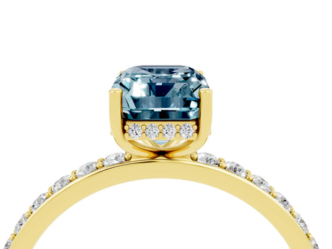 Yellow gold Emerald Cut Aquamarine Solitaire Ring with Pavé Band and Hidden Halo_16