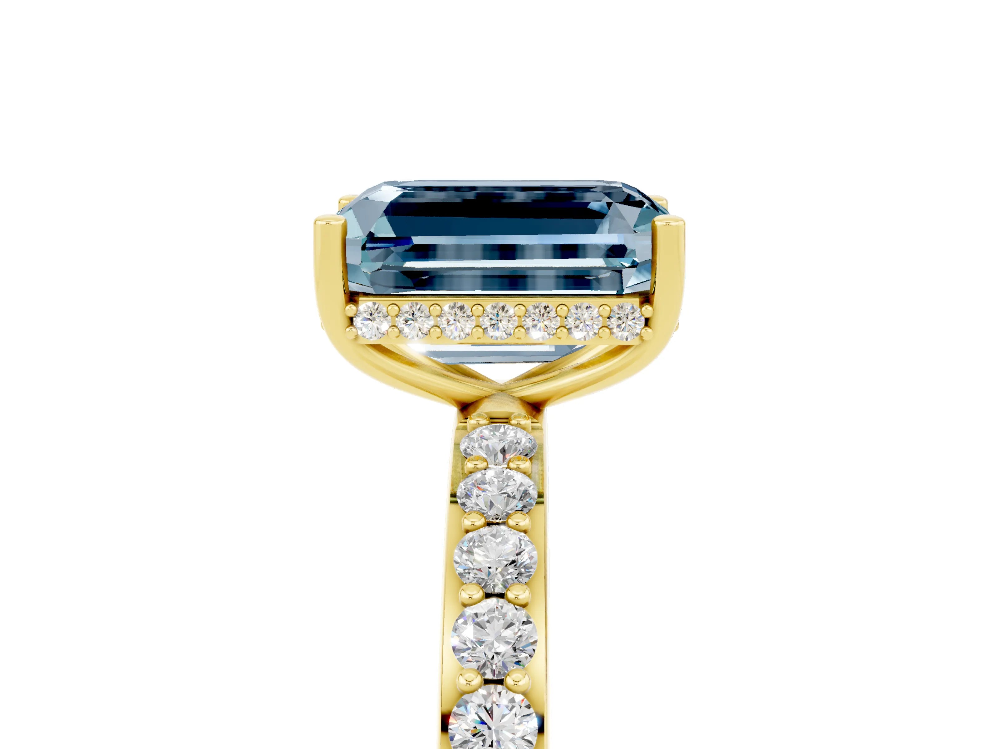 Yellow gold Emerald Cut Aquamarine Solitaire Ring with Pavé Band and Hidden Halo_17
