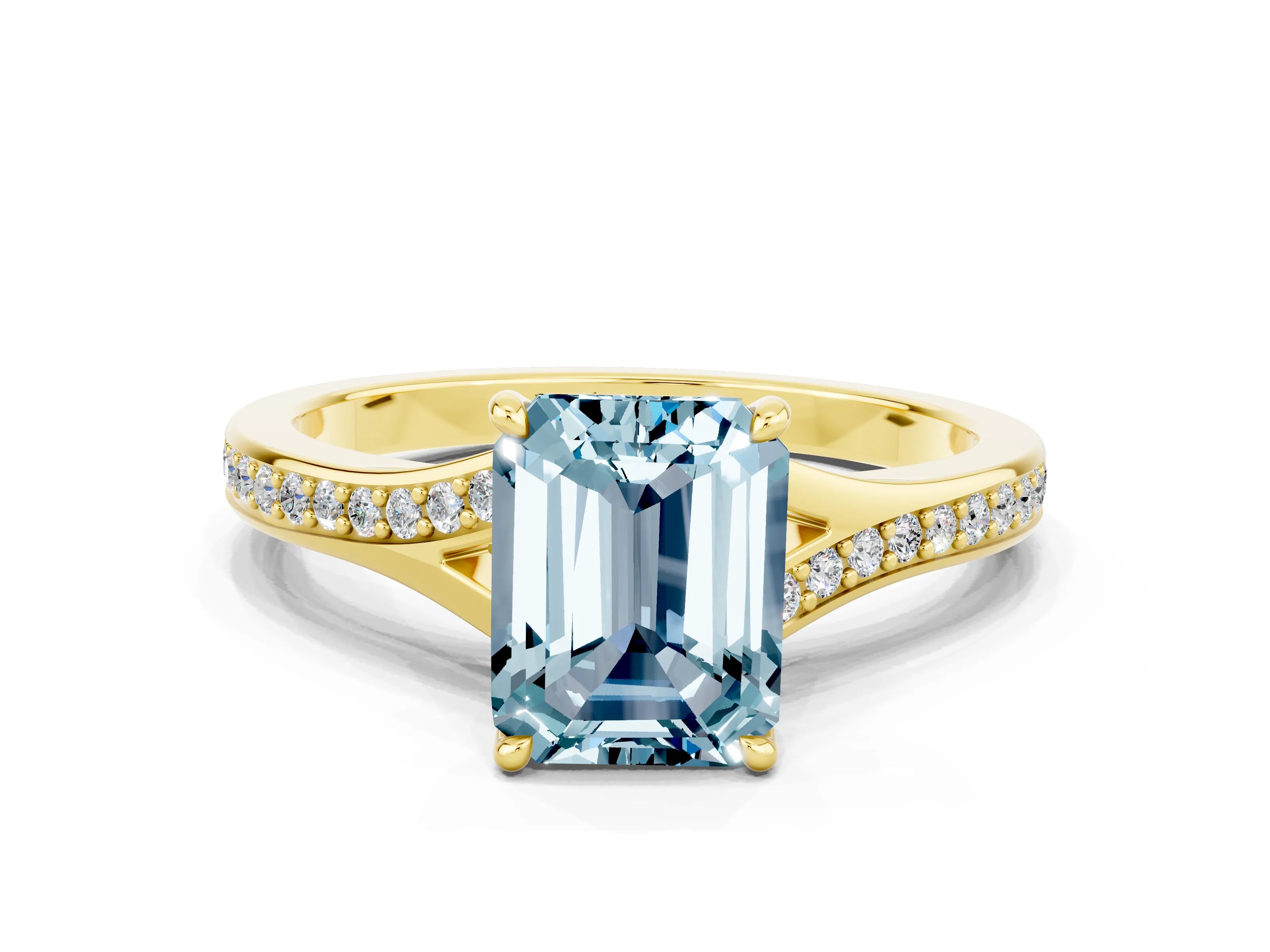 Yellow gold Emerald Cut Aquamarine Solitaire Ring with Pavé Band and Prong Setting